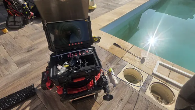 Caméra d'inspection de canalisations au bord d'une piscine